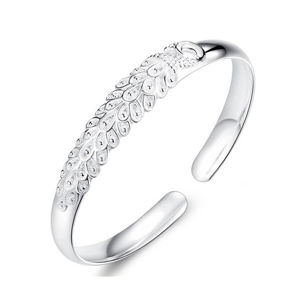 Silver Peacock Feather Open Bangle